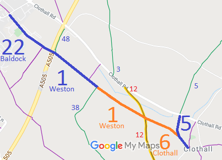 Map showing Clothall 3 bridleway