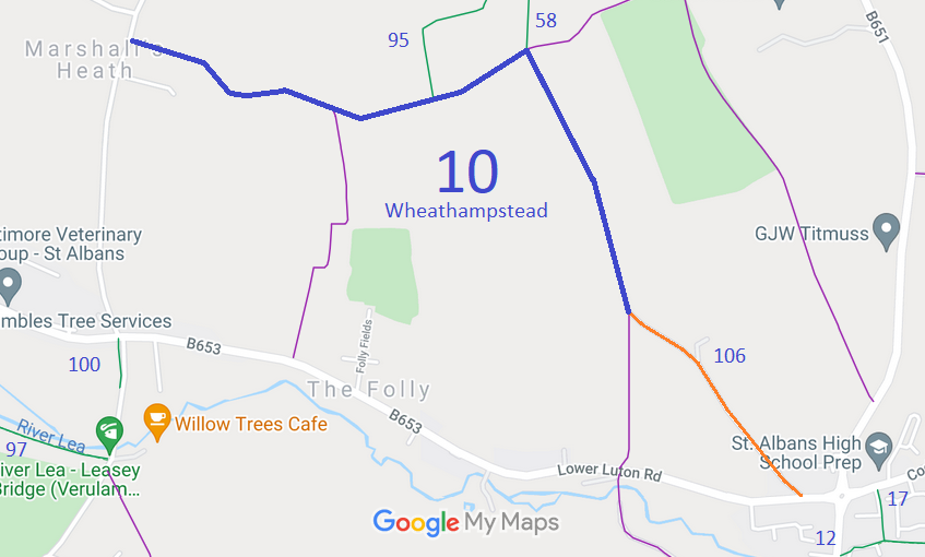Map showing recorded Wheathampstead paths