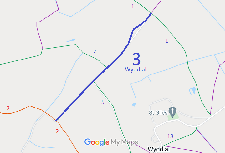 Map showing recorded Wyddial paths